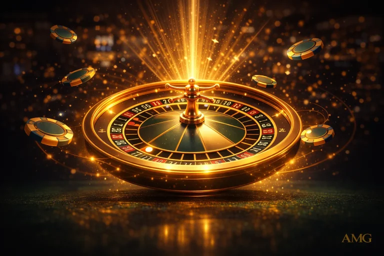 Amgbahis altın ışıkla dönen rulet çarkı